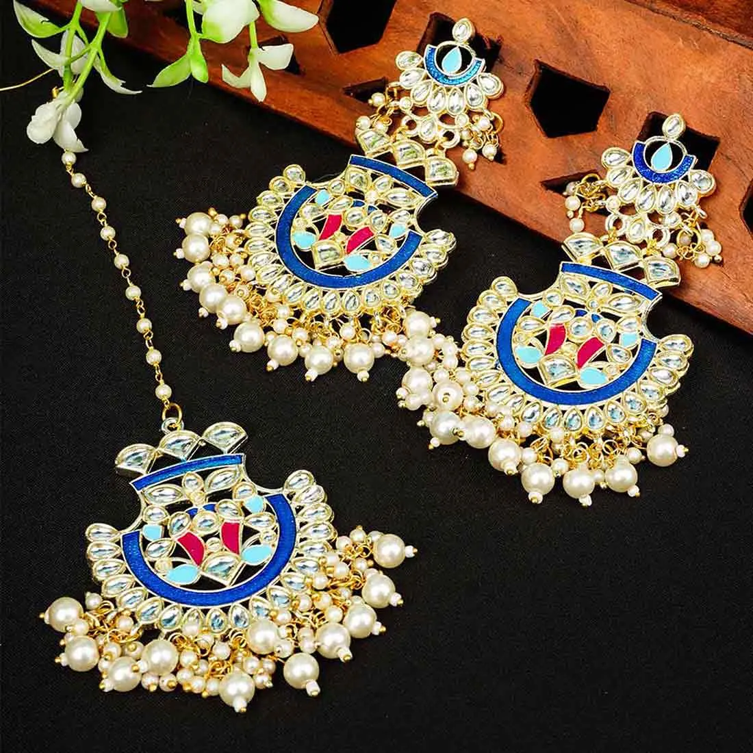 Blue & Pink Designed Pearl Earrings & Maang Tika Set