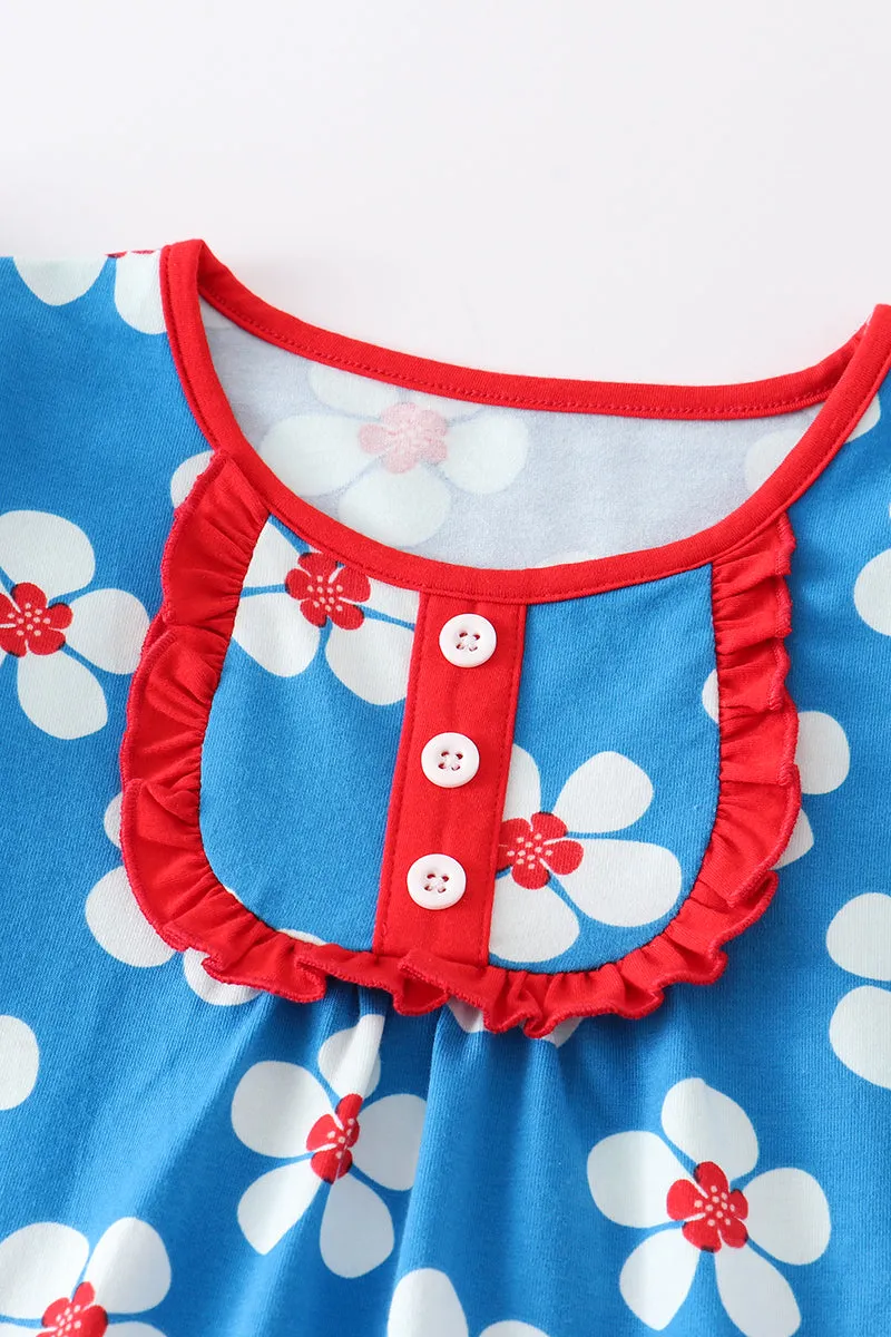 Blue & White Floral Print Ruffle Girl Set