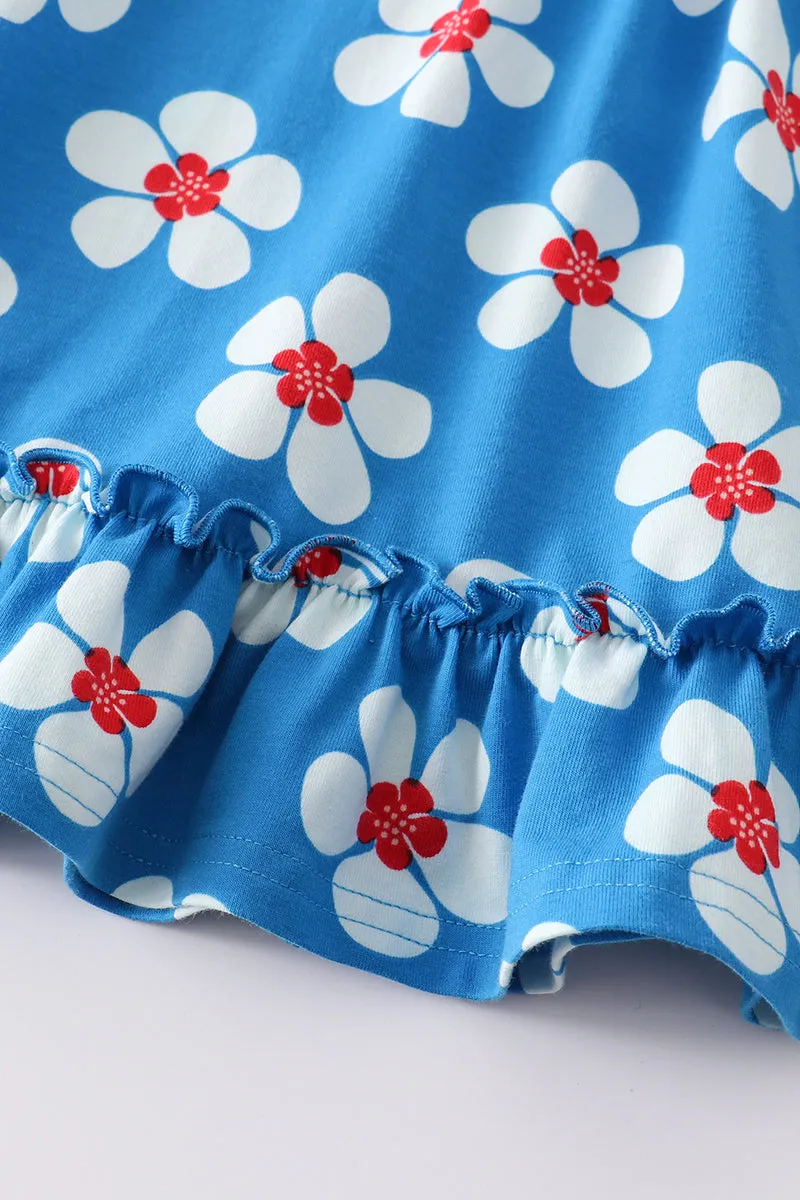 Blue & White Floral Print Ruffle Girl Set