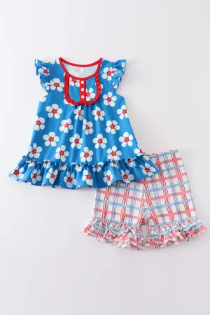 Blue & White Floral Print Ruffle Girl Set