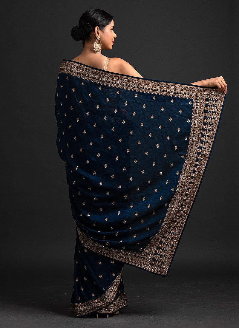 Blue And Golden Sequence Embroidered Saree