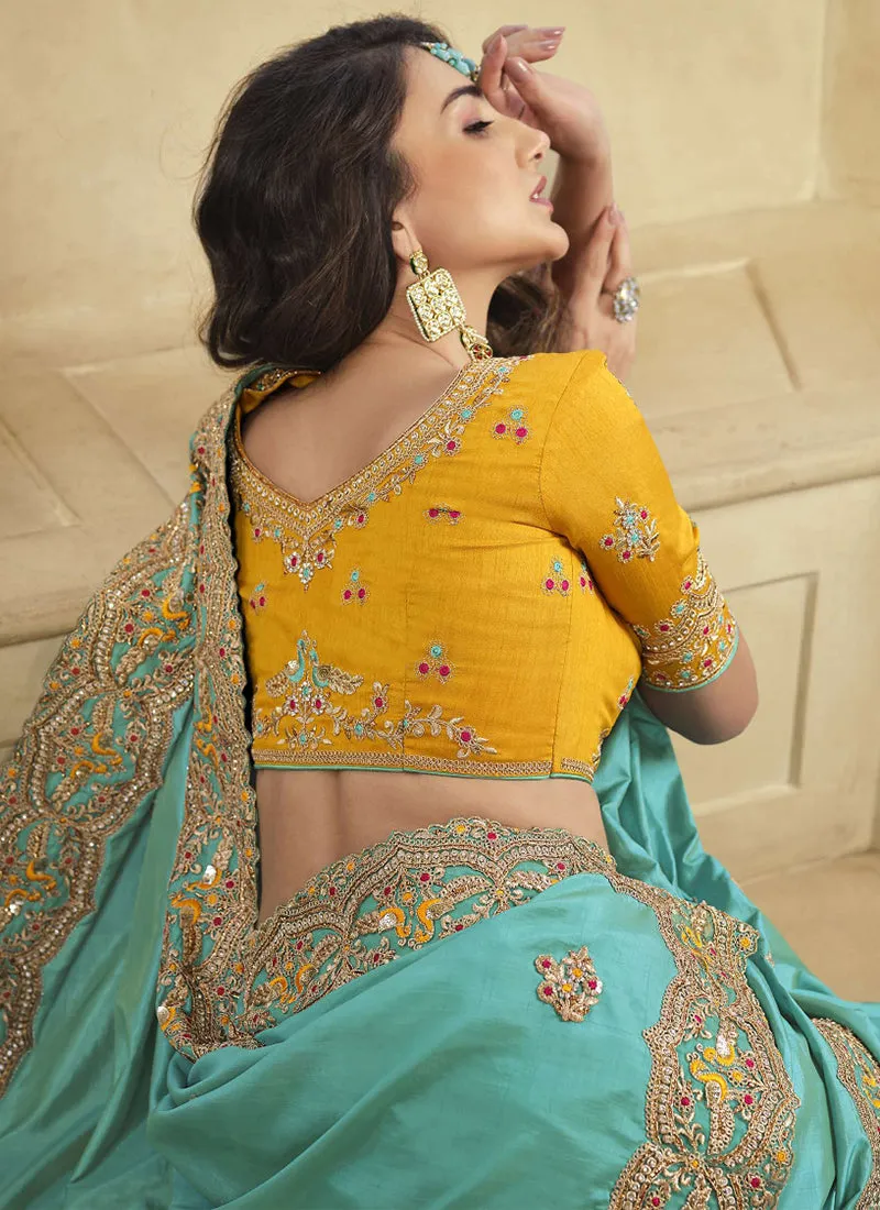 Blue And Yellow Embroidered Party Wear Saree