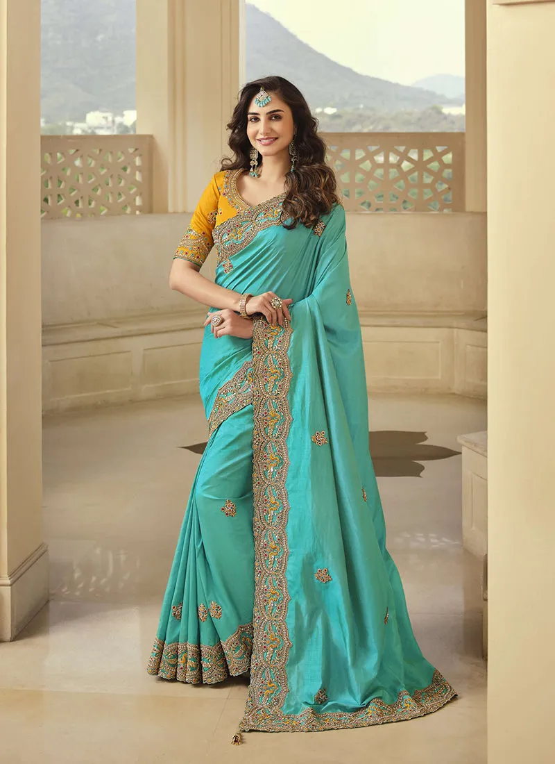 Blue And Yellow Embroidered Party Wear Saree