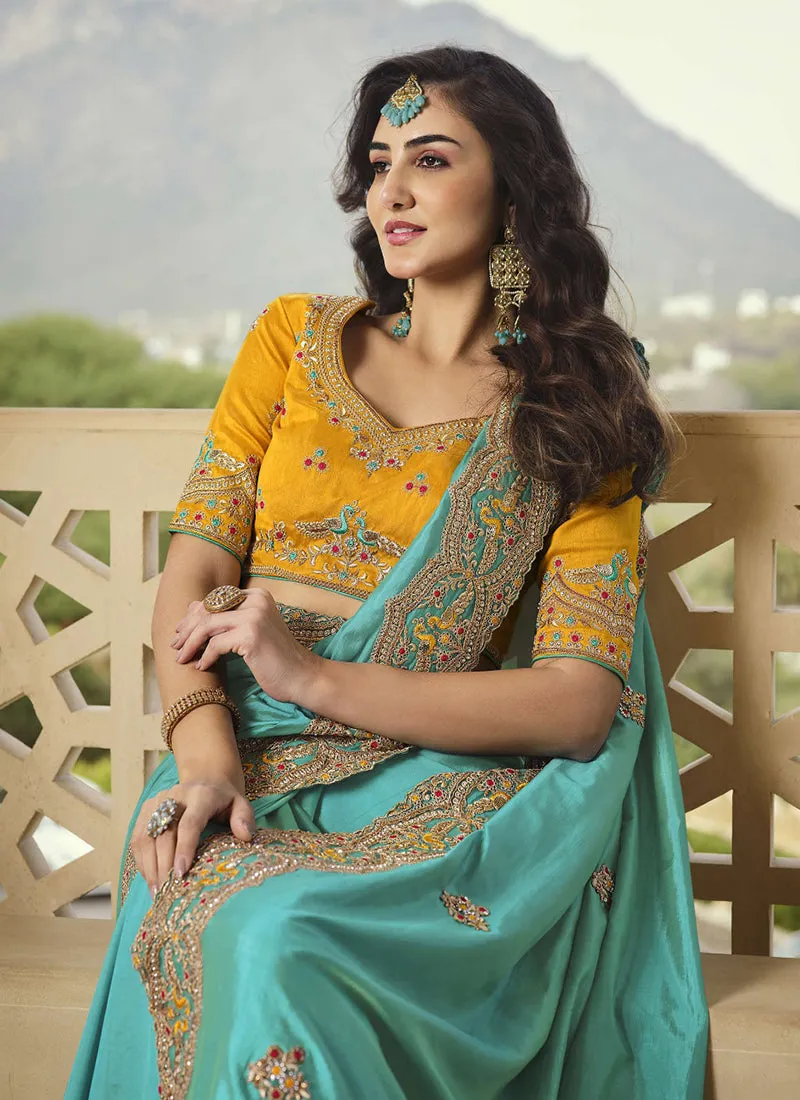 Blue And Yellow Embroidered Party Wear Saree