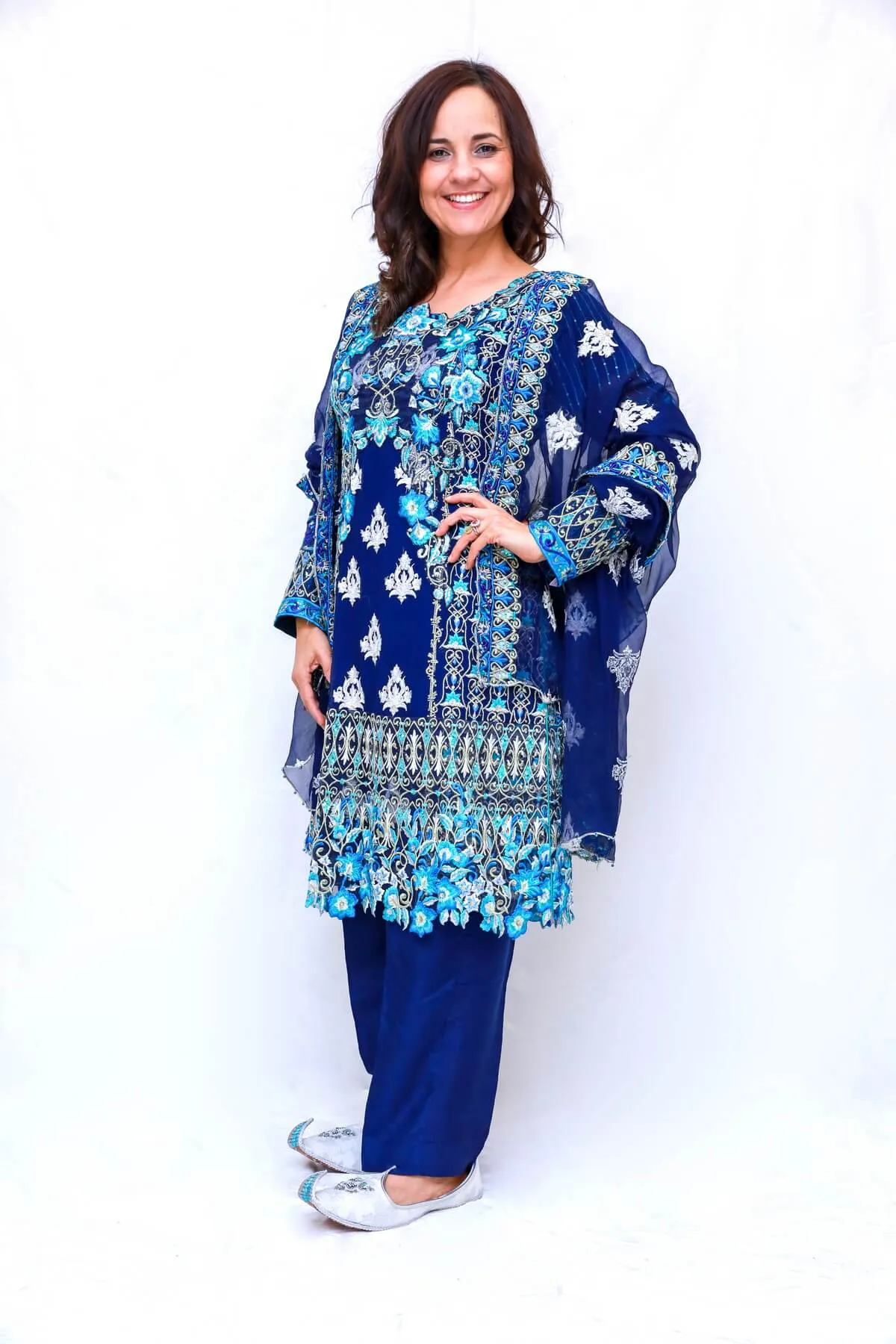 Blue Chiffon Embroidered Suit - Salwar Kameez - Mina Hassan