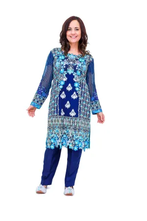 Blue Chiffon Embroidered Suit - Salwar Kameez - Mina Hassan