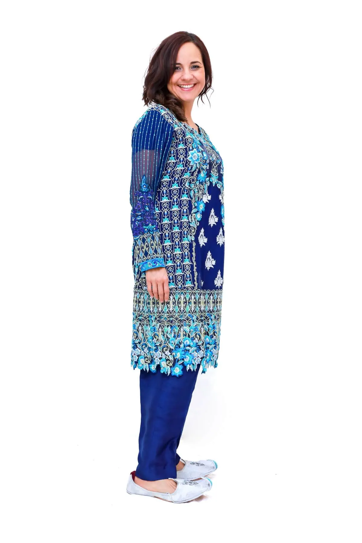 Blue Chiffon Embroidered Suit - Salwar Kameez - Mina Hassan