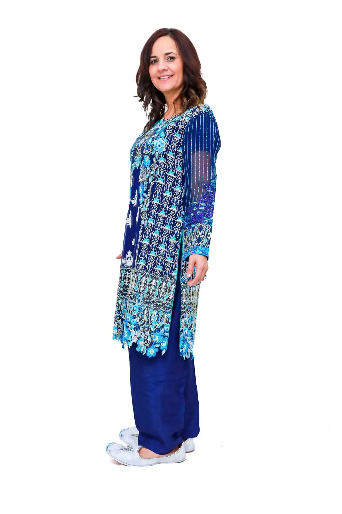 Blue Chiffon Embroidered Suit - Salwar Kameez - Mina Hassan