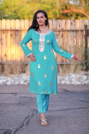 Blue Chiffon Suit - Salwar Kameez with Hand Embroidery