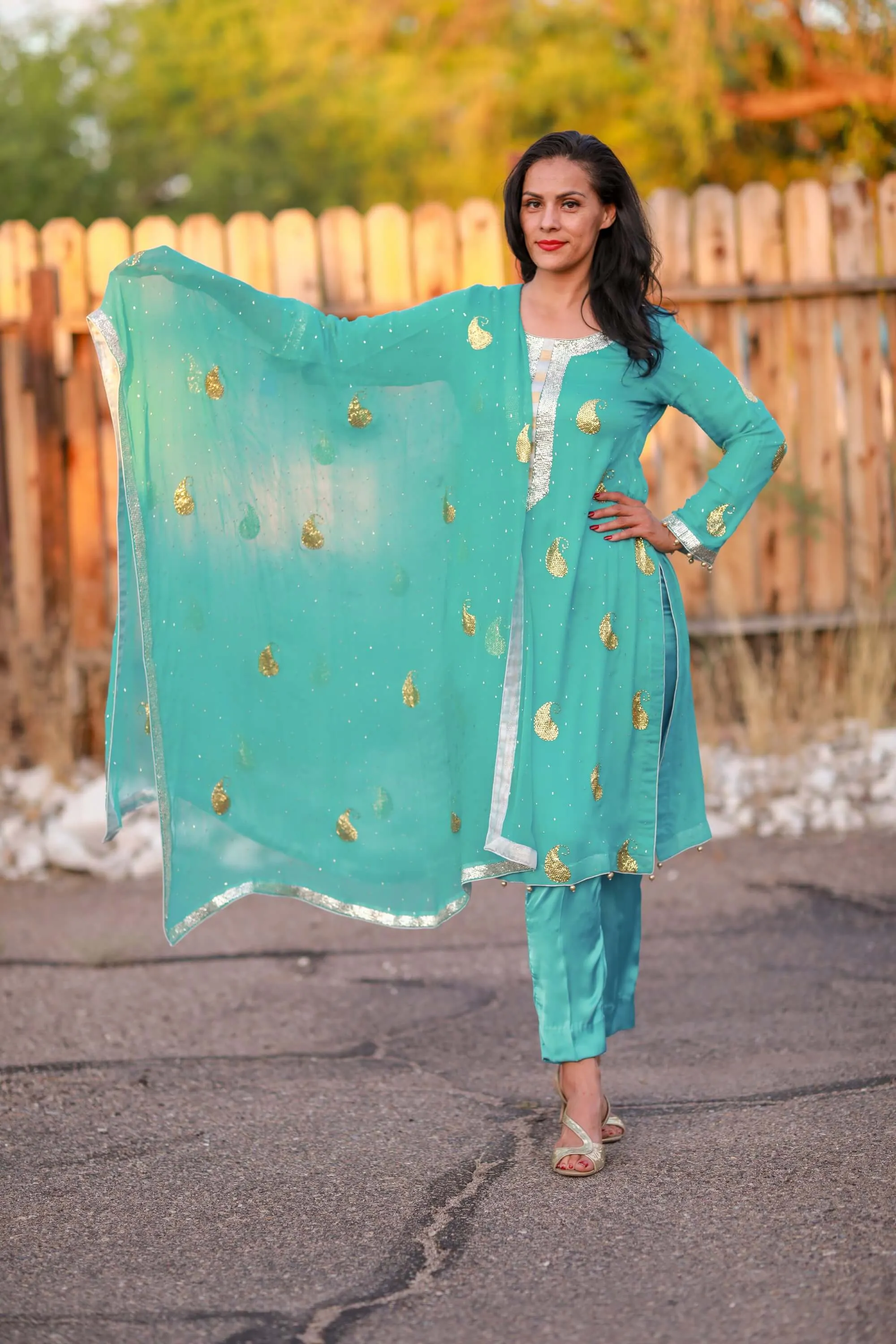 Blue Chiffon Suit - Salwar Kameez with Hand Embroidery
