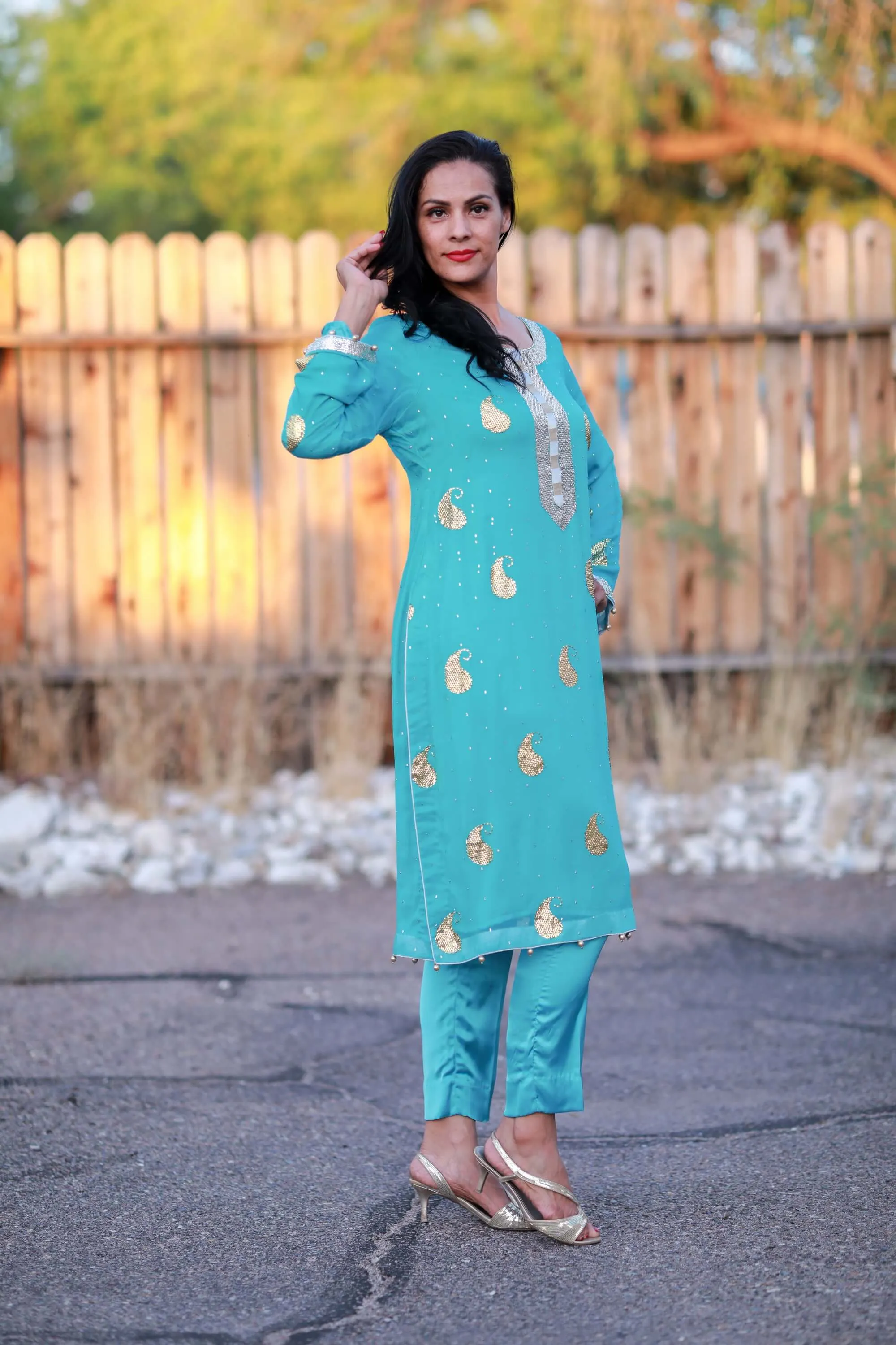 Blue Chiffon Suit - Salwar Kameez with Hand Embroidery