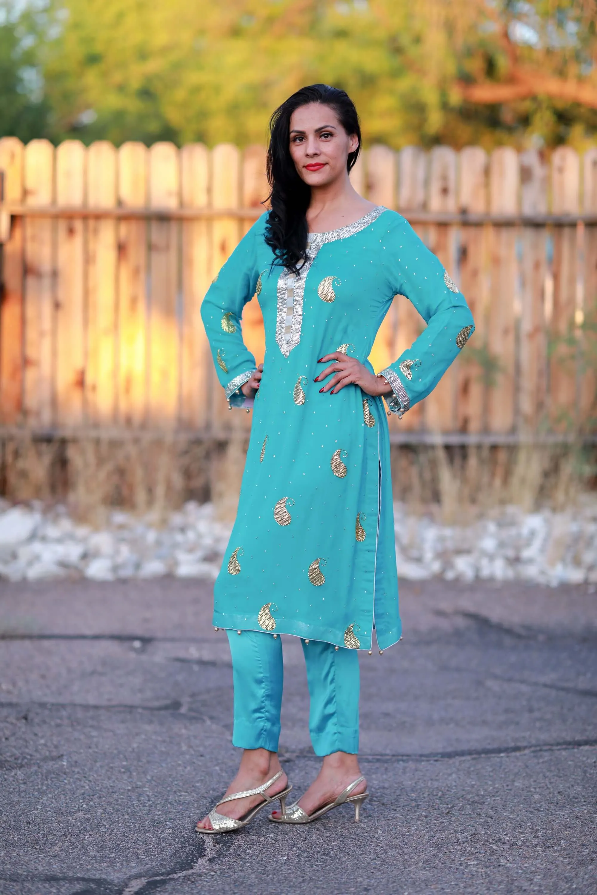 Blue Chiffon Suit - Salwar Kameez with Hand Embroidery