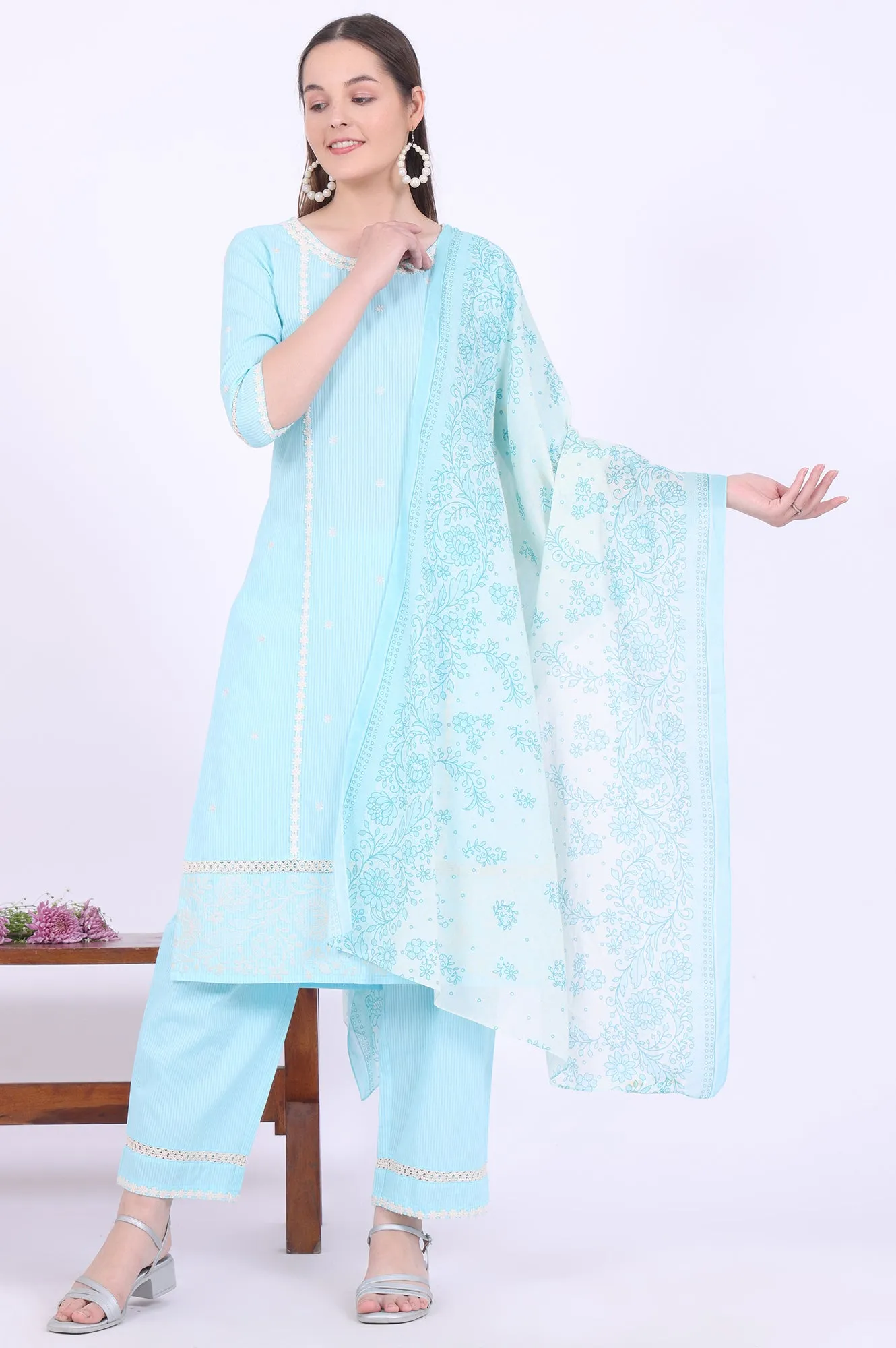 Blue Embroidered Pure Cotton Straight Kurta with Palazzos & Dupatta Set