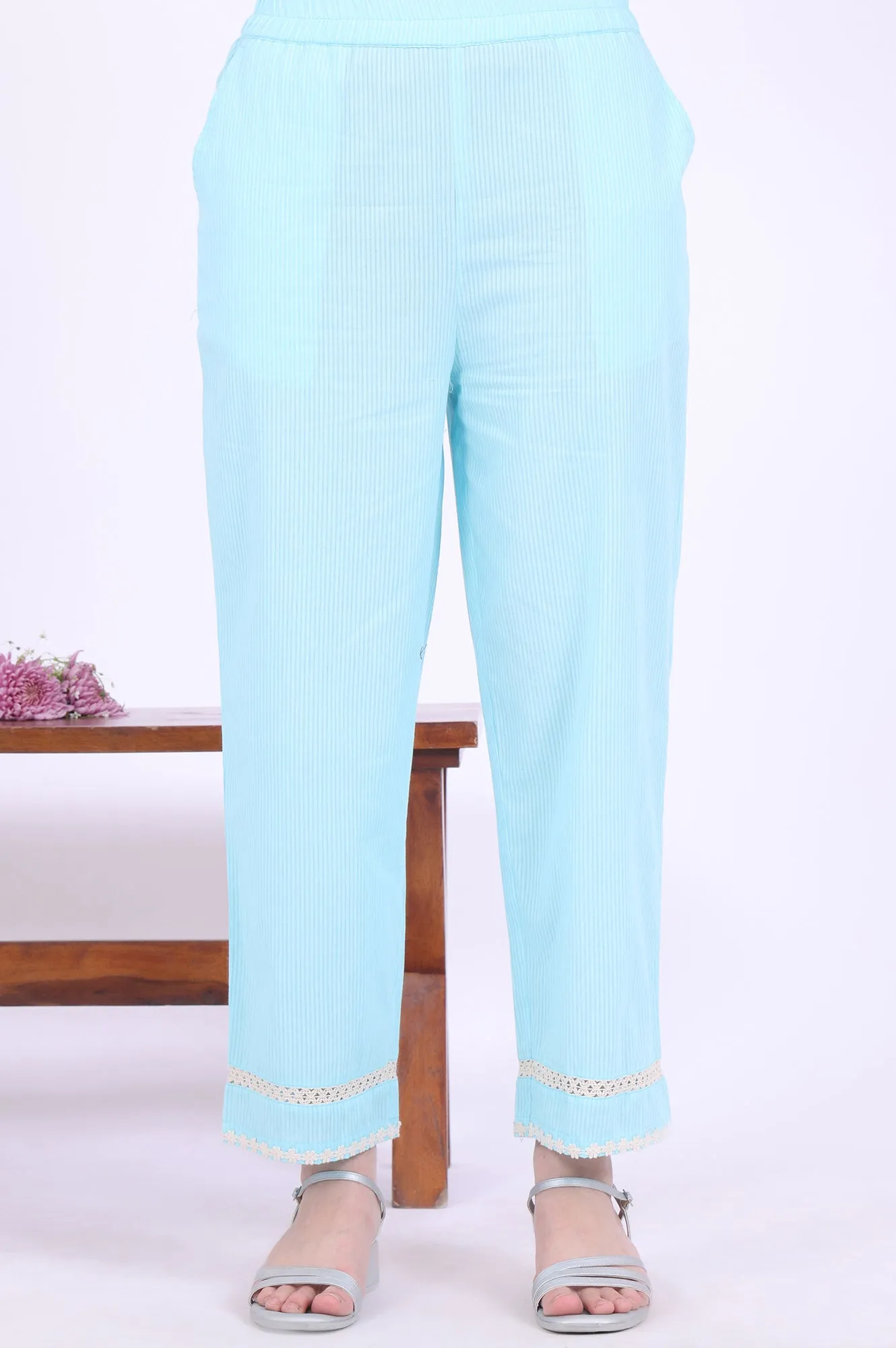 Blue Embroidered Pure Cotton Straight Kurta with Palazzos & Dupatta Set