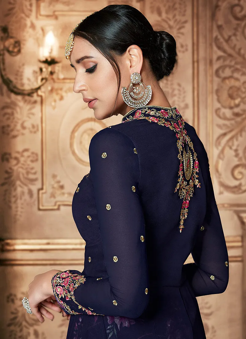 Blue Floral Embroidered Traditional Anarkali Suit