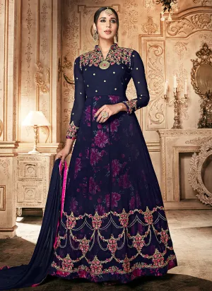 Blue Floral Embroidered Traditional Anarkali Suit