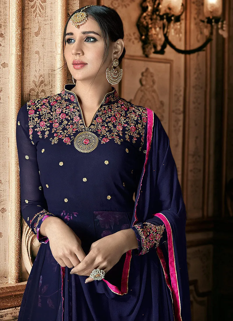 Blue Floral Embroidered Traditional Anarkali Suit
