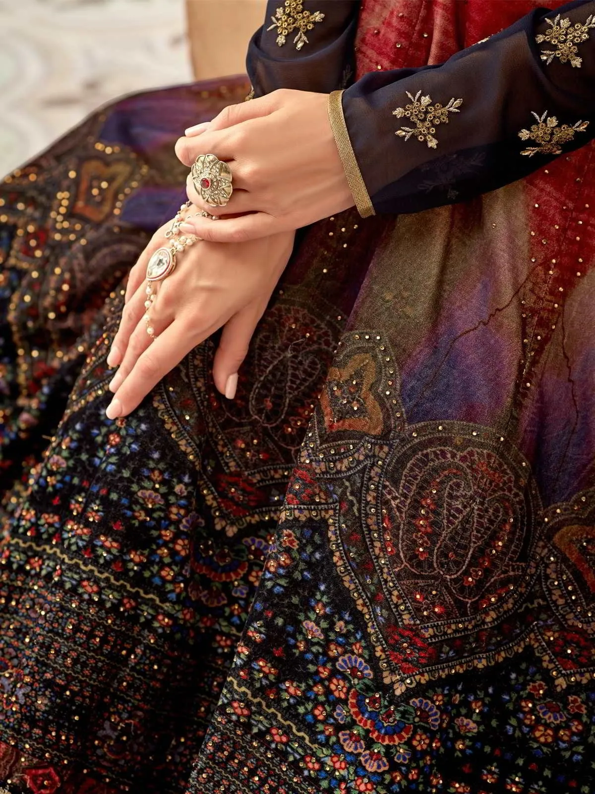 Blue Red Multicoloured Ethnic Style Flared Anarkali Suit