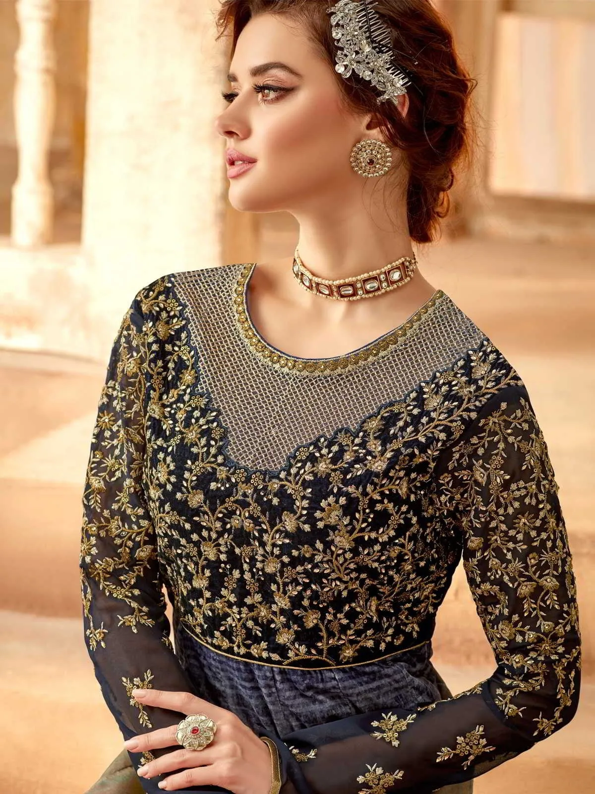 Blue Red Multicoloured Ethnic Style Flared Anarkali Suit