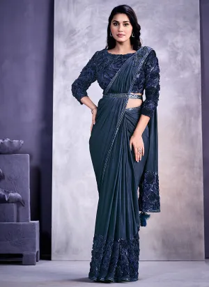 Blue Sequence And Appliqué Embroidery Wedding Saree
