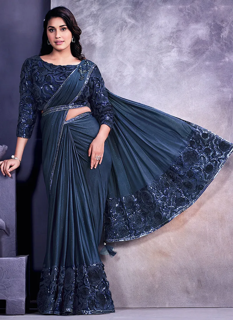 Blue Sequence And Appliqué Embroidery Wedding Saree