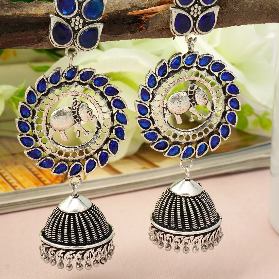 Blue Stone Traditional Elephant Earrings