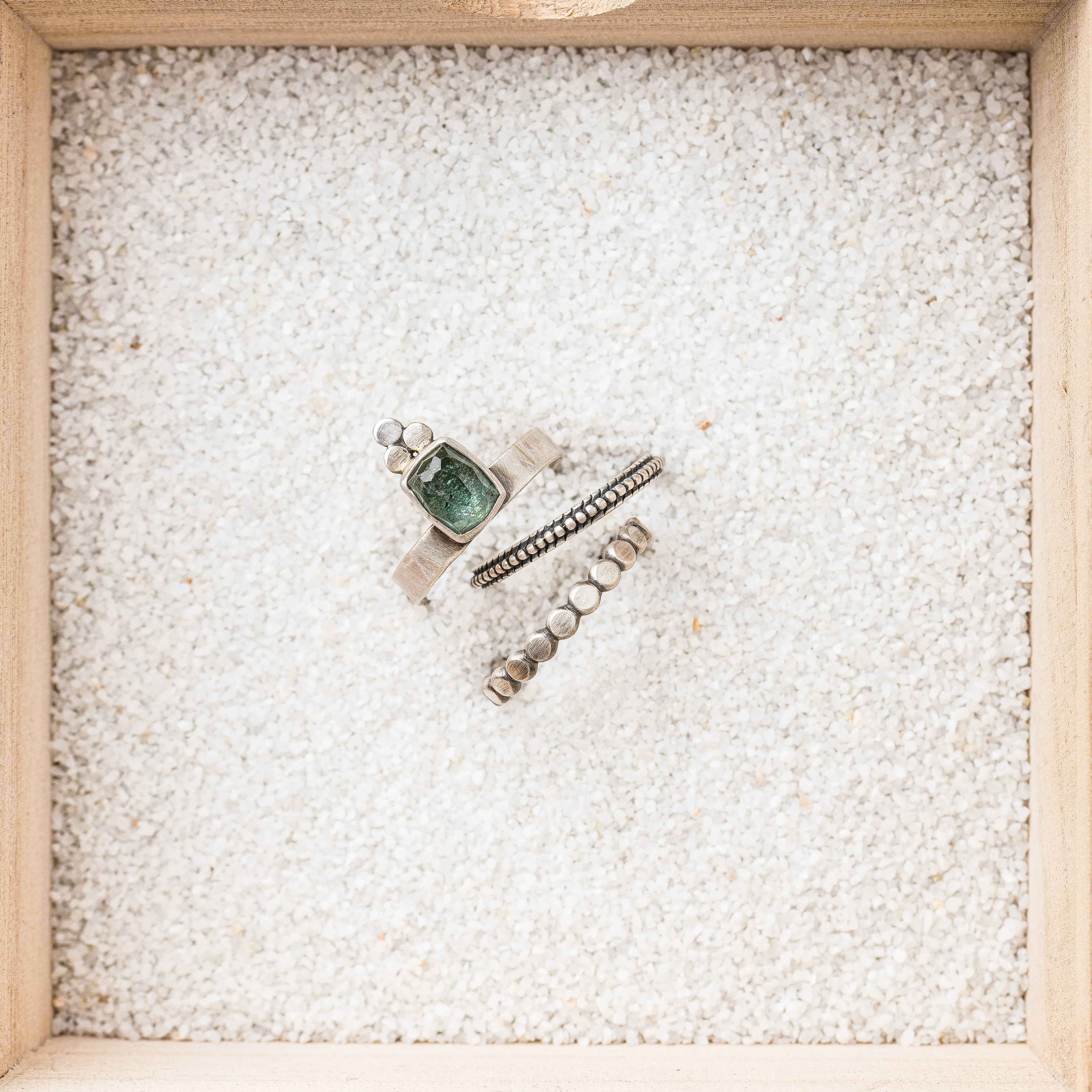 Blue Tourmaline Cushion Ring with Disc Trio