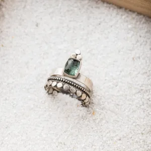 Blue Tourmaline Cushion Ring with Disc Trio