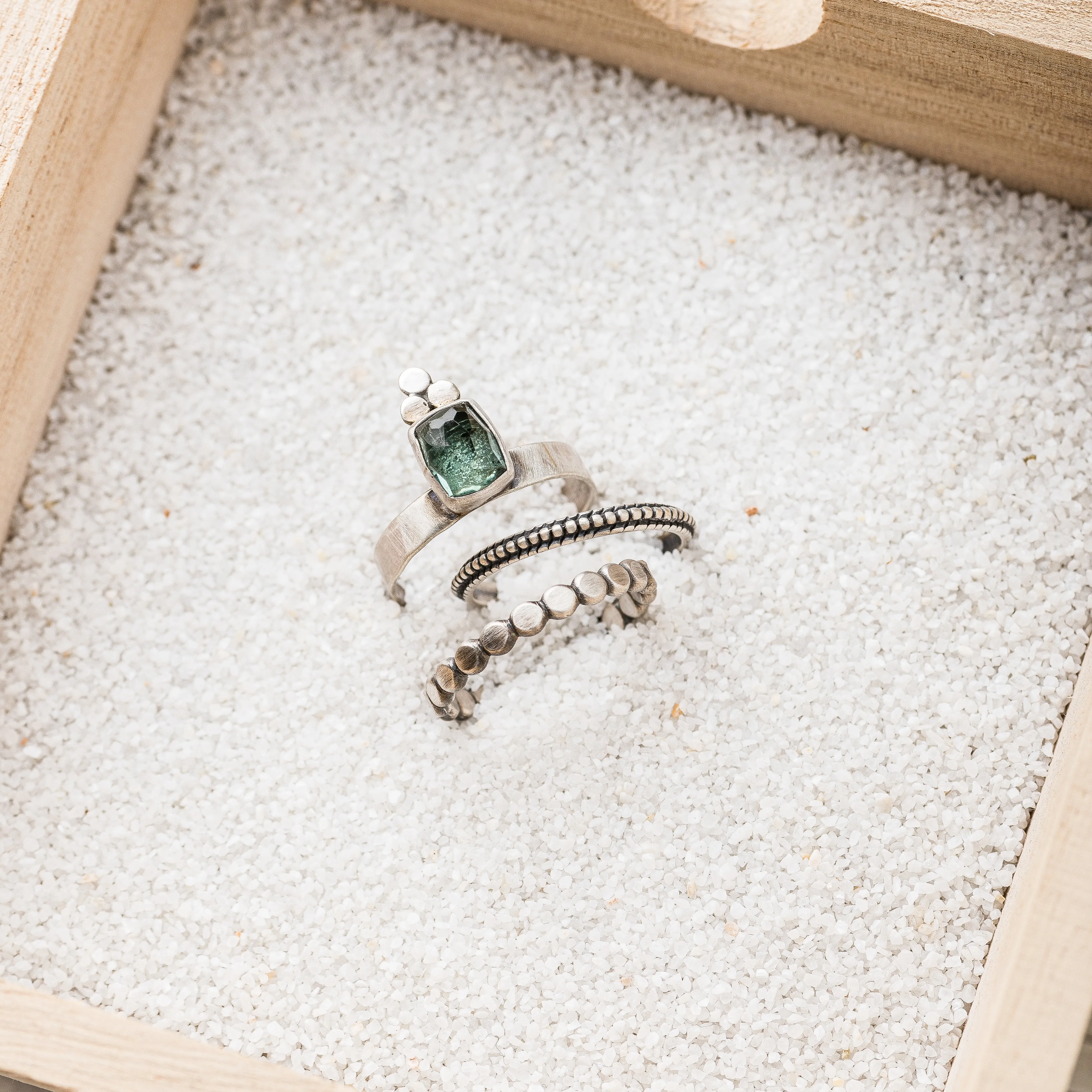 Blue Tourmaline Cushion Ring with Disc Trio