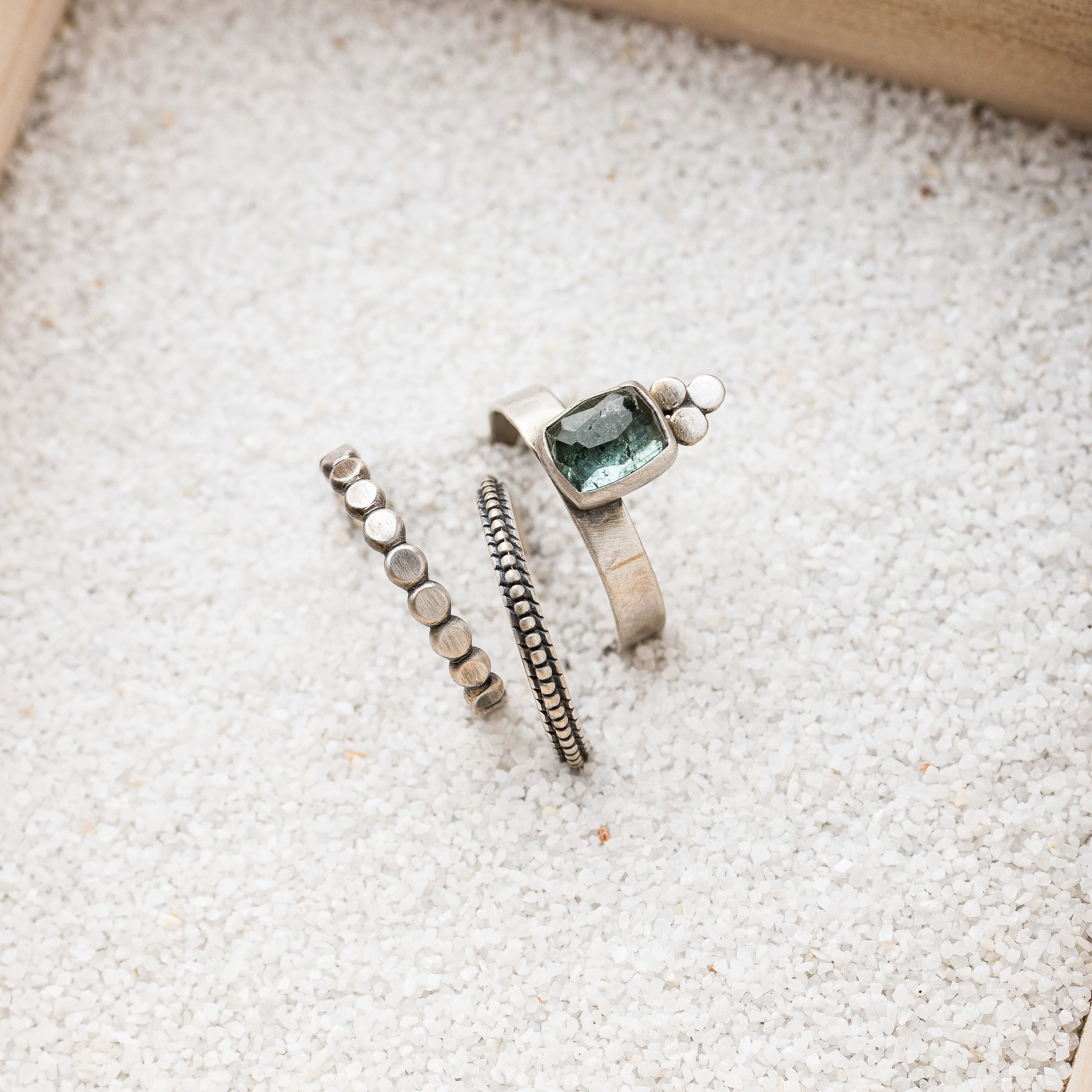 Blue Tourmaline Cushion Ring with Disc Trio