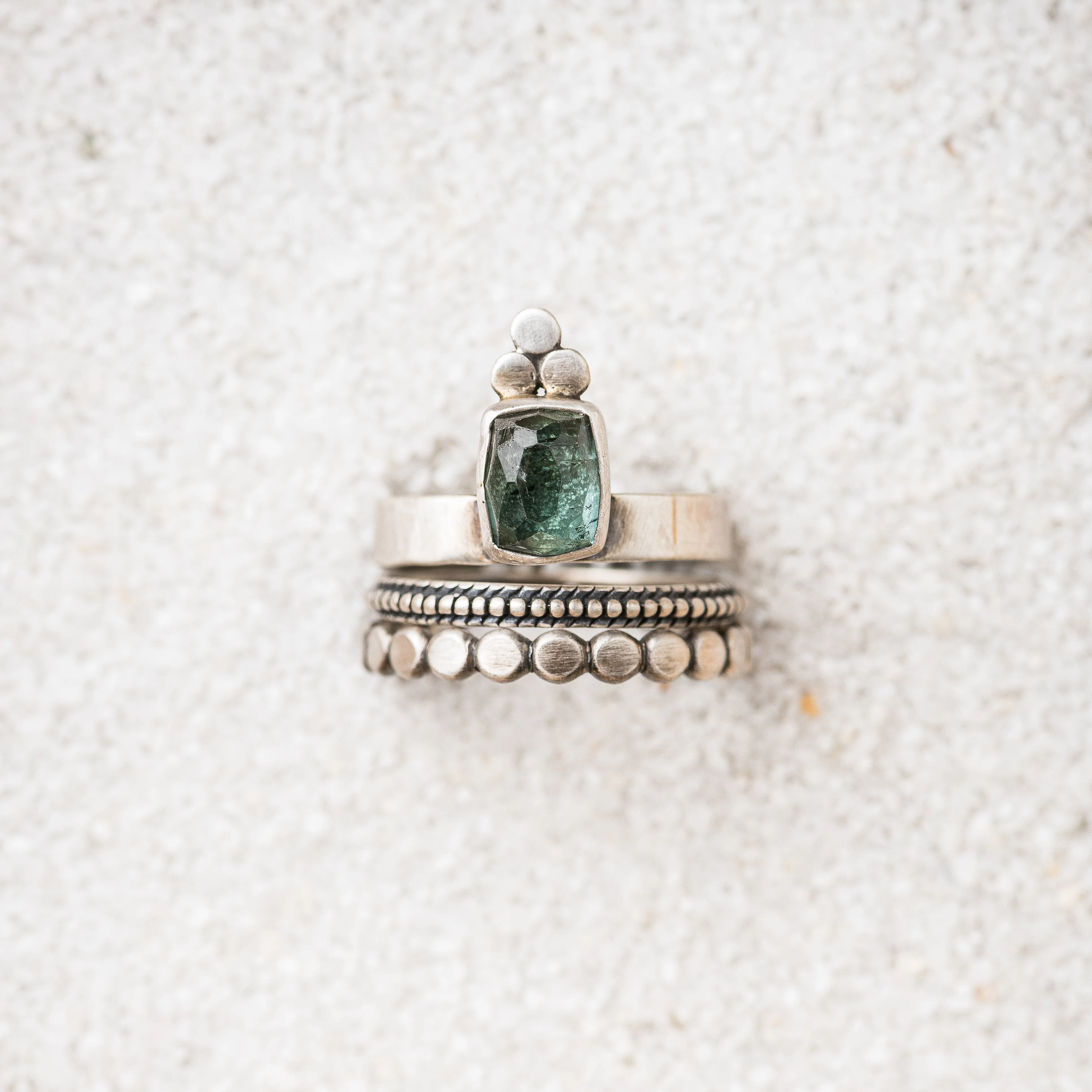 Blue Tourmaline Cushion Ring with Disc Trio