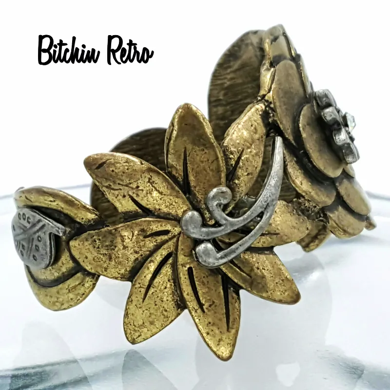 Bohemian Brass Floral Cuff Bracelet Pewter and Rhinestone Accents Boho Style