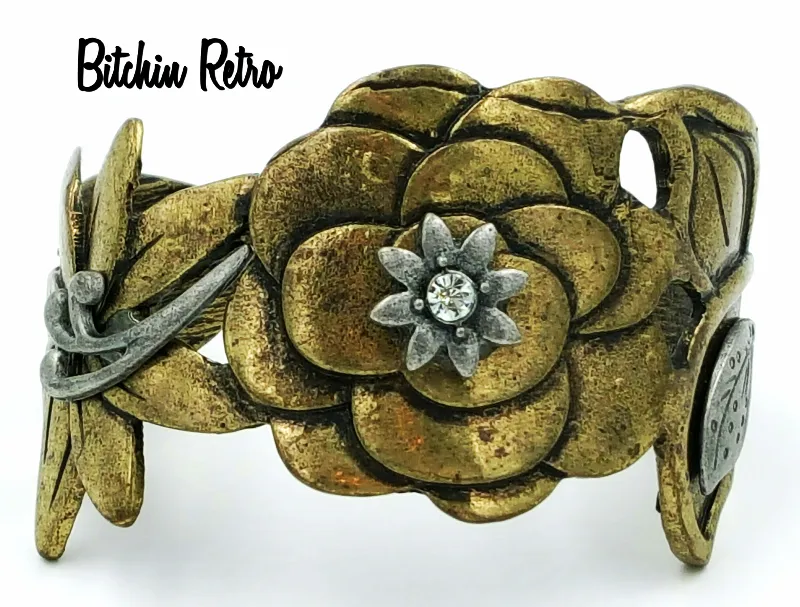Bohemian Brass Floral Cuff Bracelet Pewter and Rhinestone Accents Boho Style