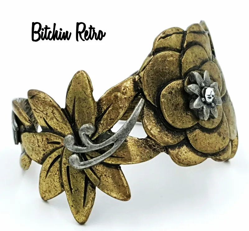 Bohemian Brass Floral Cuff Bracelet Pewter and Rhinestone Accents Boho Style