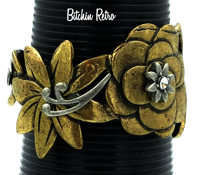 Bohemian Brass Floral Cuff Bracelet Pewter and Rhinestone Accents Boho Style