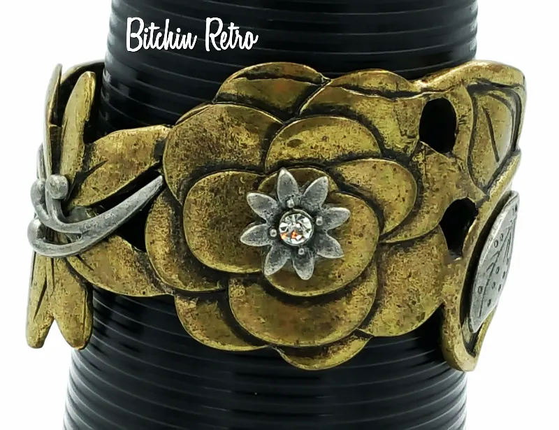 Bohemian Brass Floral Cuff Bracelet Pewter and Rhinestone Accents Boho Style