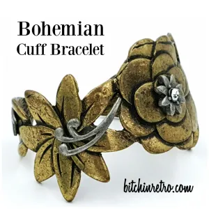 Bohemian Brass Floral Cuff Bracelet Pewter and Rhinestone Accents Boho Style