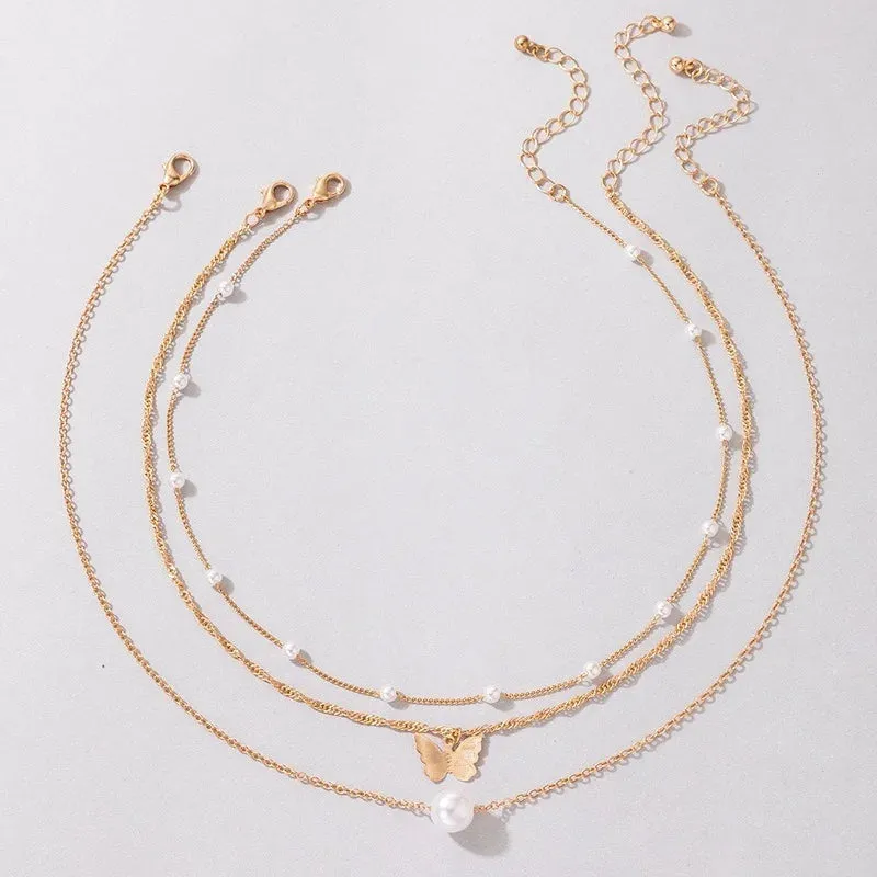 Bohemian Butterfly Three-Layer Pearl Pendant Necklace