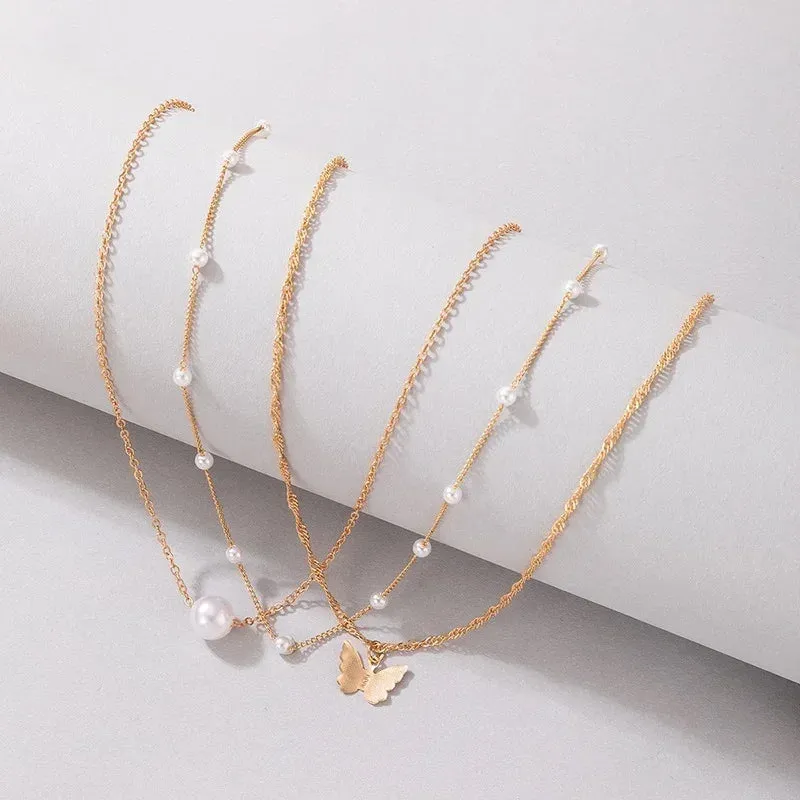 Bohemian Butterfly Three-Layer Pearl Pendant Necklace