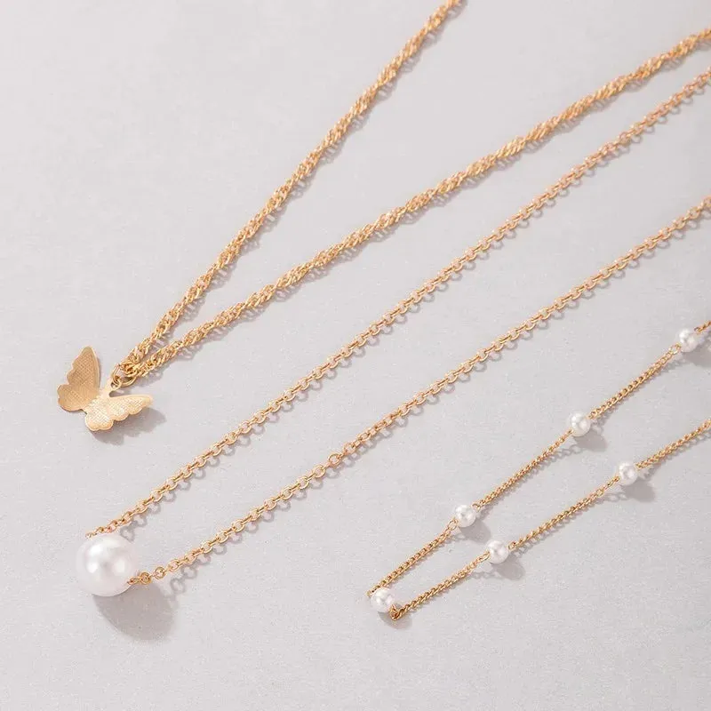 Bohemian Butterfly Three-Layer Pearl Pendant Necklace