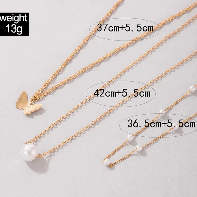 Bohemian Butterfly Three-Layer Pearl Pendant Necklace