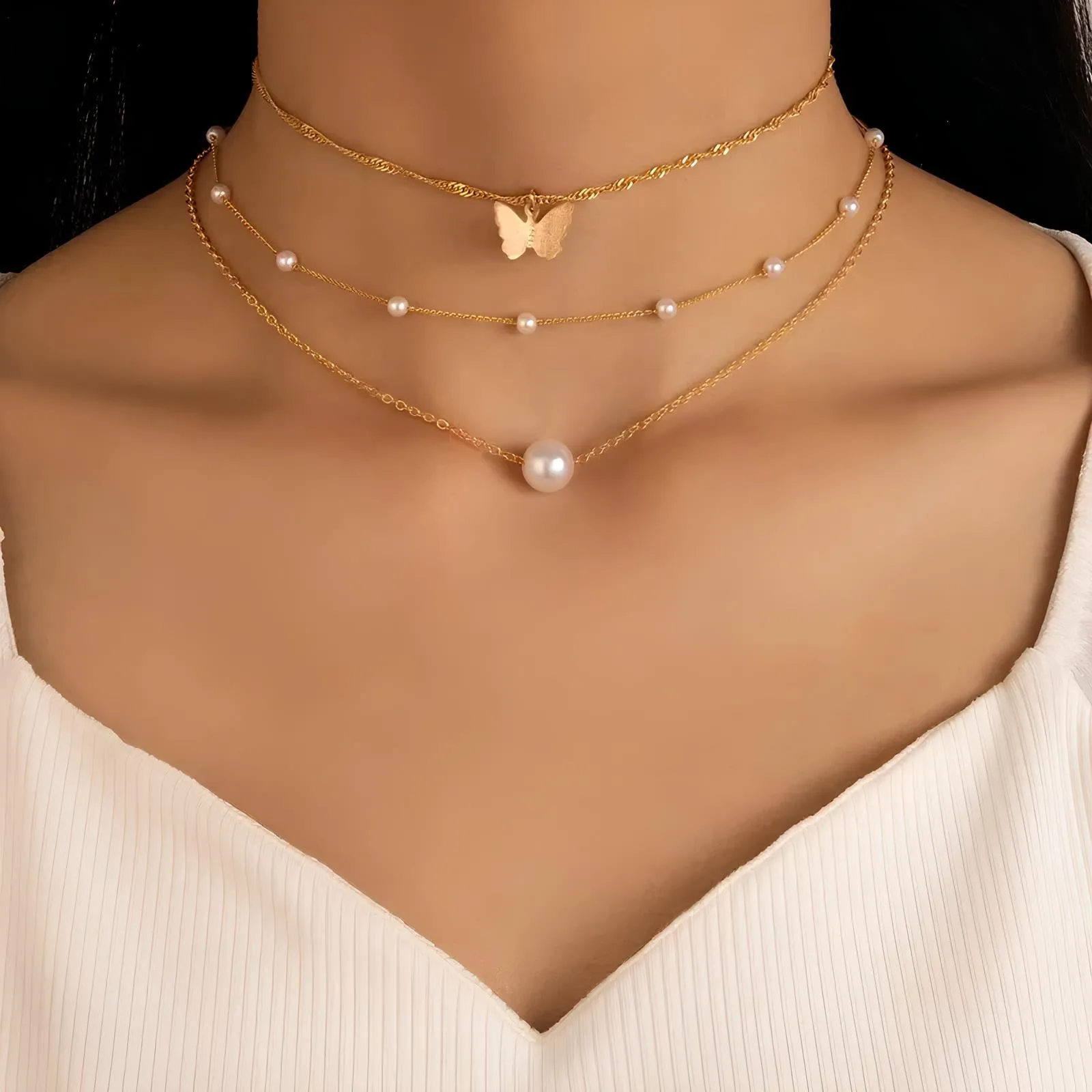 Bohemian Butterfly Three-Layer Pearl Pendant Necklace