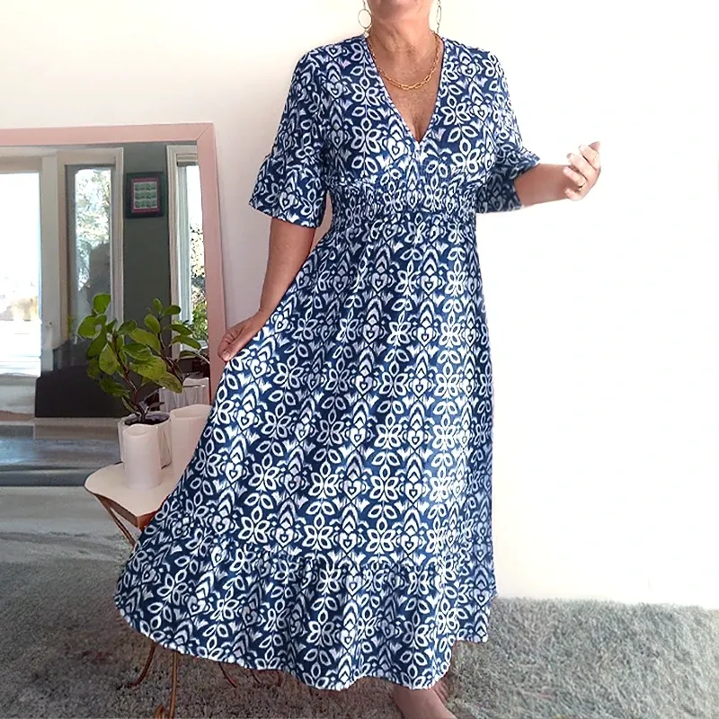 Bohemian Casual Print V-Neck Wrap Dress | Lightweight, Long Sleeve, Comfortable Fit for Summer