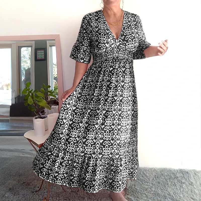 Bohemian Casual Print V-Neck Wrap Dress | Lightweight, Long Sleeve, Comfortable Fit for Summer