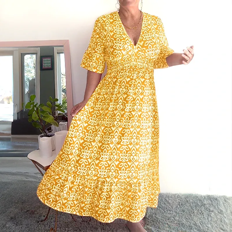 Bohemian Casual Print V-Neck Wrap Dress | Lightweight, Long Sleeve, Comfortable Fit for Summer