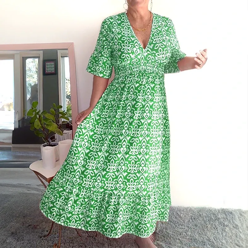 Bohemian Casual Print V-Neck Wrap Dress | Lightweight, Long Sleeve, Comfortable Fit for Summer