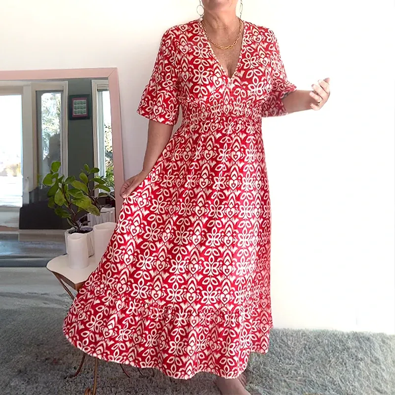 Bohemian Casual Print V-Neck Wrap Dress | Lightweight, Long Sleeve, Comfortable Fit for Summer