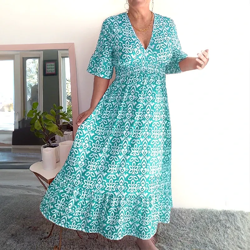 Bohemian Casual Print V-Neck Wrap Dress | Lightweight, Long Sleeve, Comfortable Fit for Summer