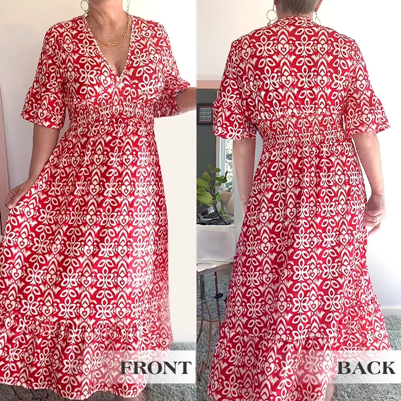 Bohemian Casual Print V-Neck Wrap Dress | Lightweight, Long Sleeve, Comfortable Fit for Summer