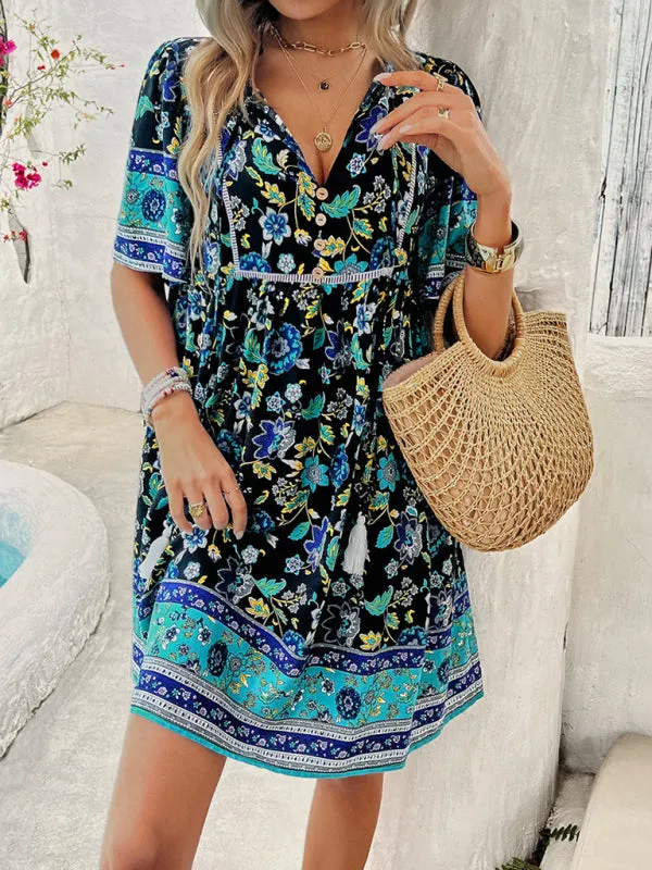 Bohemian Floral Print Dress with V-Neck and Tassel Details